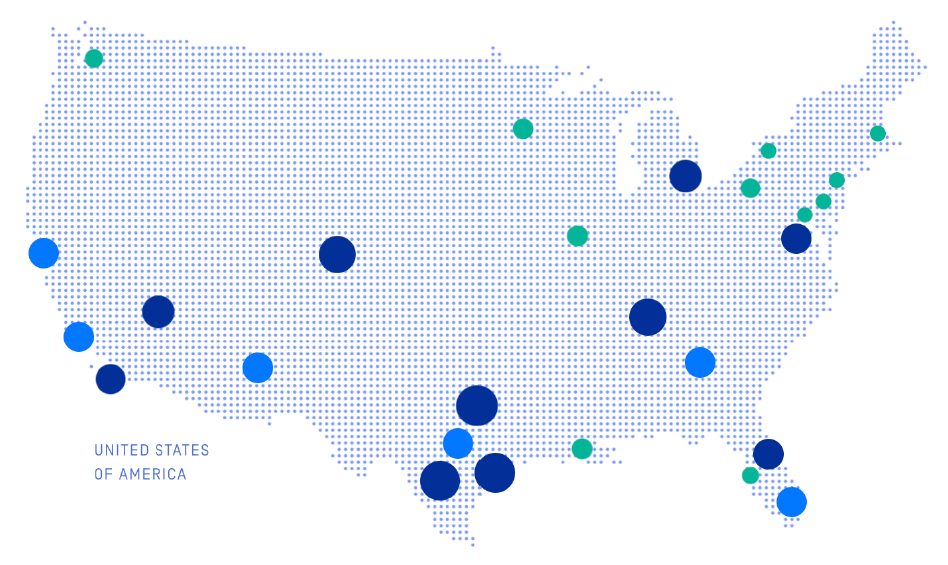 薄い青丸が現在サービス提供中、濃い青丸は次にサービス開始予定、緑丸はテスト中、Waymoのウェブページより抜粋